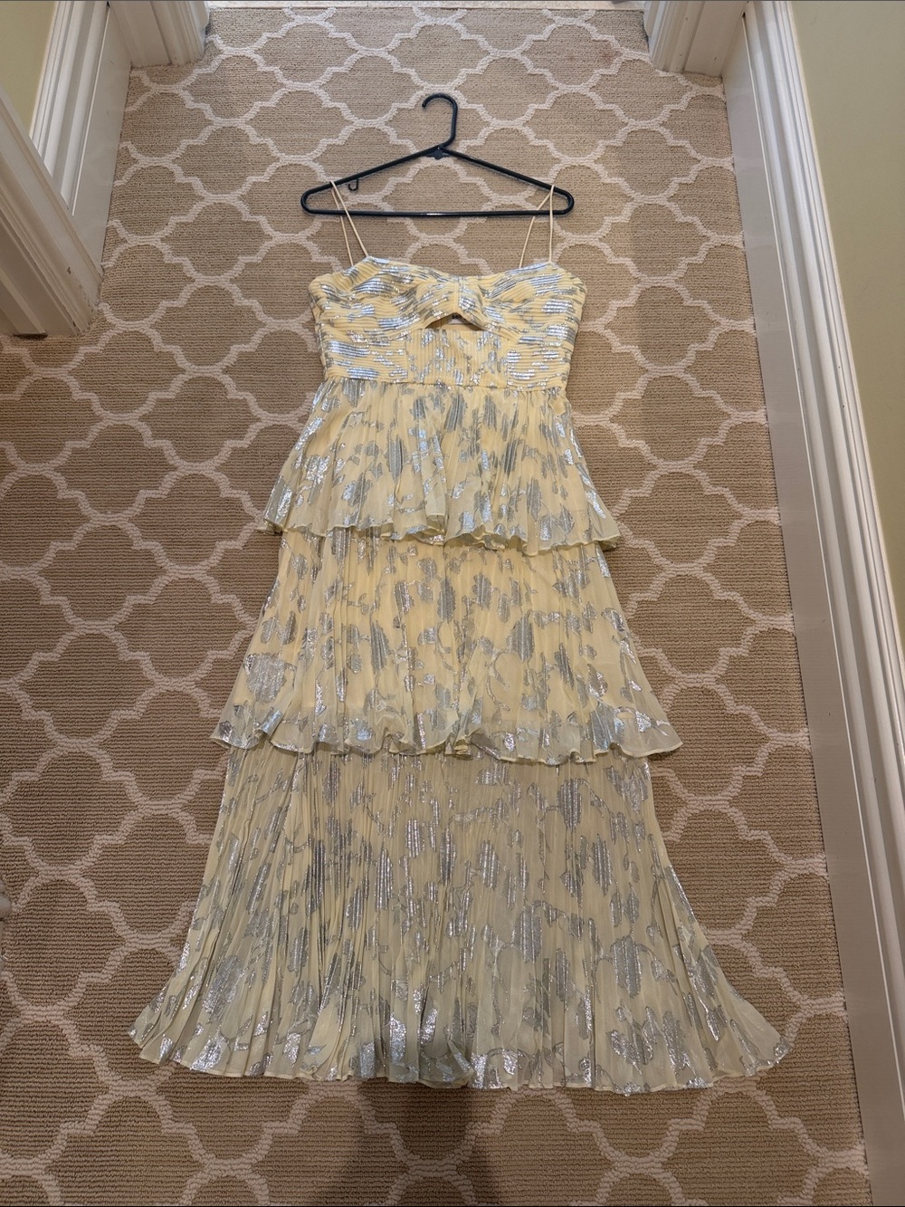 Self Portrait Yellow Tiered Metallic Accent Strapless Dress
